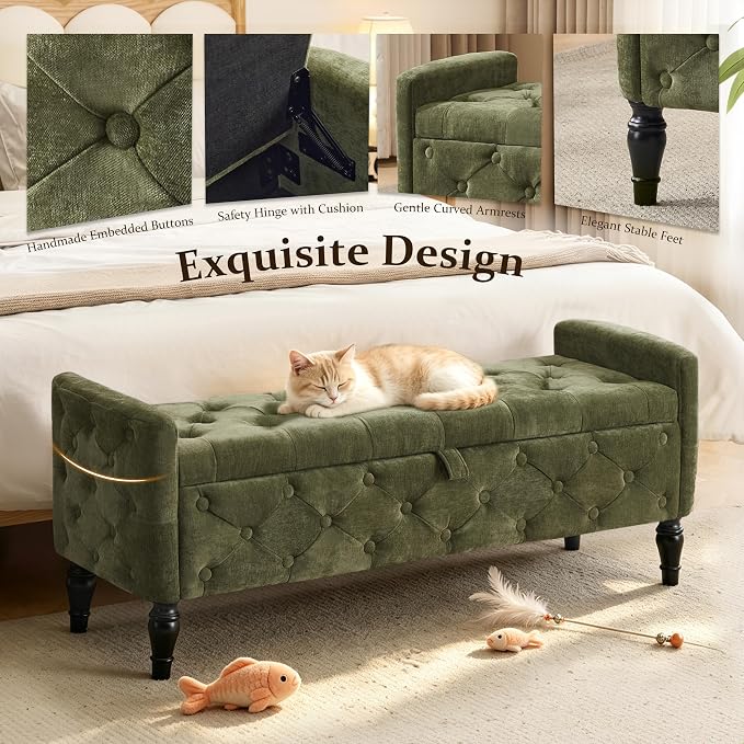 Royal Windsor 48" Ottoman with Storage,Tufted Storage Bench with Safety Hinge,Holds up to 350 lb,Black Wood Legs,Upholstered Bench with Arms for Bedroom,Living Room,Entryway,Linen Green