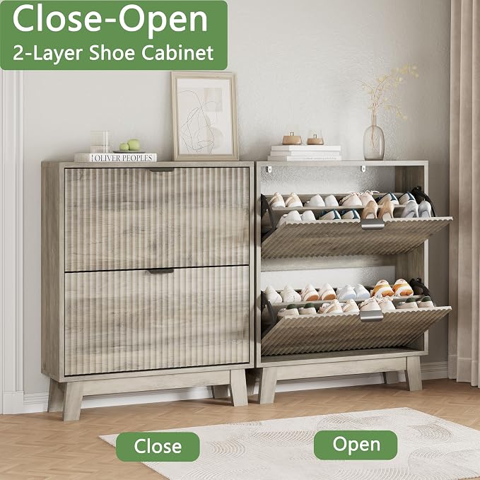 Xixini Shoe Cabinet with 2 Flip Drawers, 37" Tall Narrow Fluted Shoe Storage Organizer for Entryway, Hidden Slim Wooden Shoe Rack Cabinet for Front Door Entrance, Hallway, Living Room, Light Grey
