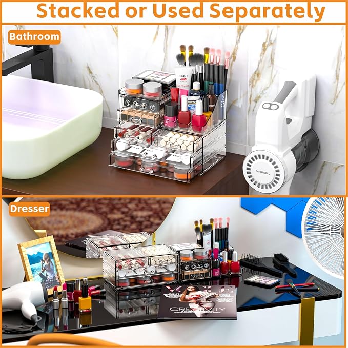 Cq acrylic Make Up Organizers for Vanity With 6 Drawers, 2 Pack Clear Drawer Organizers,Plastic Cute Desk Accessories Organization and Bathroom Organizers Storage Case Box Cube for Beauty,Skin Care