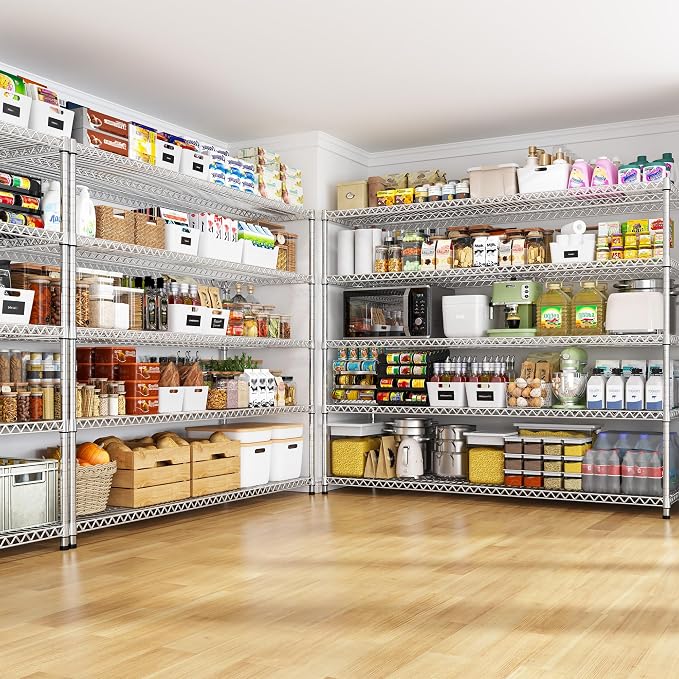 REIBII 55.5" W Storage Shelves 3200LBS Metal Shelving 5 Tier Wire Shelving Garage Shelving Heavy Duty Metal Shelves for Shelving Unit Commercial Adjustable Shelf, 55.5" W X 18''D X 71" H，Chrome