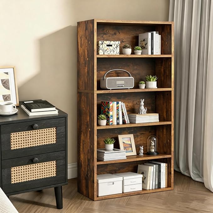 HealSmart 5 Tier Bookcase, Industrial 5 Book Shelf, 9.2" D x 23.8" W x 53" H Tall Open Cube Storage Organizer for Home Office, Living Room, Bedroom and Dinning Room, Brown