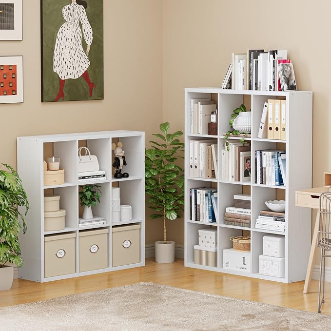 VDNEND Cube Storage Organizer Bookcase, Decorative 11 inch Open Back Cubical Shelf with Thickened Border, Display Bookshelf for Living Room, Home Office, Sturdy Room (White, 9 Cube)