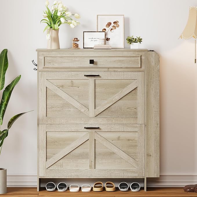 IRONCK Shoe Storage Cabinet with 2 Flip Drawers & Barn Door Design, Freestanding Shoe Cabinet Organizer with Drawer and Shelves for Entryway, Farmhouse Shoe Rack Cabinet,Rustic Maple