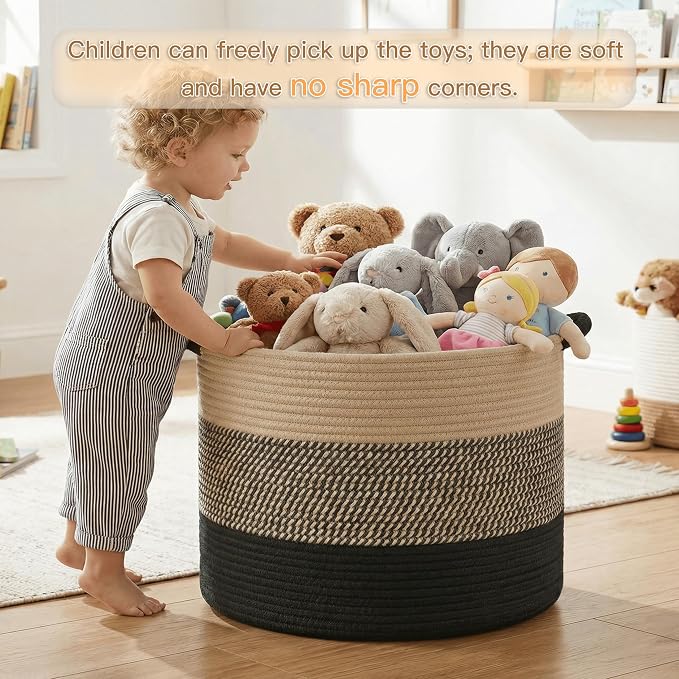 Artfeel 70L Large Cotton Rope Basket, Decorative Woven Blanket Storage for Living Room, Boho Toy Storage & Toy Box for Kids, Versatile Laundry Basket & Nursery Hamper for Blankets(BlackBrown)