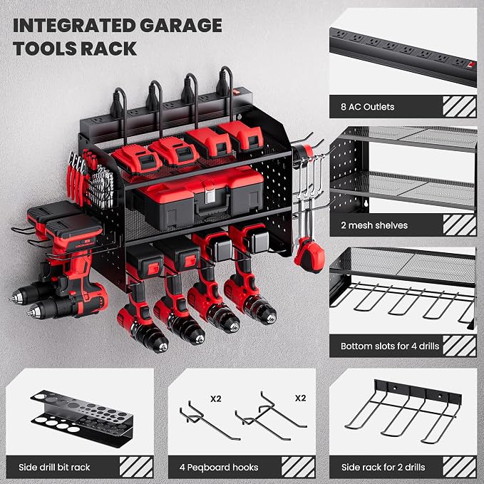 TRZZ Power Tool Organizer Wall Mount, 3-Layer Charging Station, Black | 8 Outlets, 6 Drill Holders, Drill Bit Rack, Efficient Organized Storage, for Garage, Workbench, Workshop