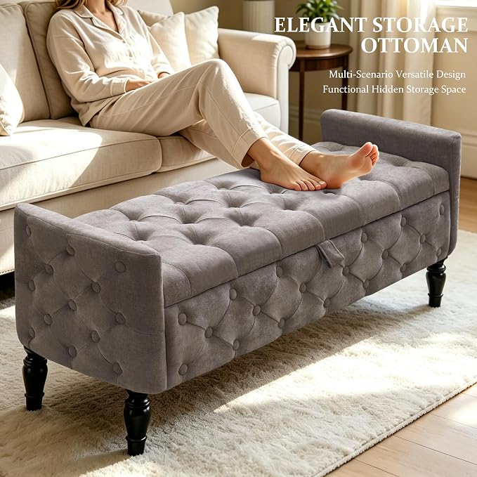 Royal Windsor 48" Ottoman with Storage,Tufted Storage Bench with Safety Hinge,Holds up to 350 lb,Black Wood Legs,Upholstered Bench with Arms for Bedroom,Living Room,Entryway,Linen Light Gray