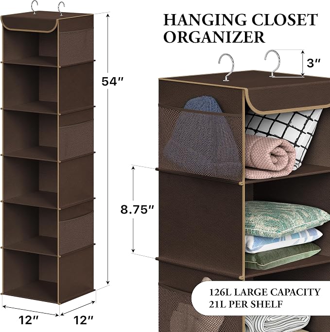 Simple Houseware 6 Shelf Hanging Closet Organizer, Brown | 360° Rotating Dual Hooks, Top Support Metal Frame, 6 Side Mesh Pockets