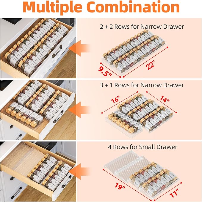 MUDEELA Clear Spice Drawer Organizer, 4 Tier (4 Packs) Spice Rack for Drawer, Expandable From 11" to 22" Kitchen Seasoning Organizers and Storage for Drawer (Jars not included)
