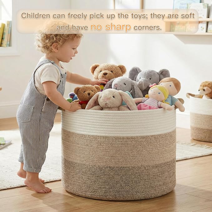 Artfeel 40L Large Cotton Rope Basket, Decorative Woven Blanket Storage for Living Room, Boho Toy Storage & Toy Box for Kids, Versatile Laundry Basket & Nursery Hamper for Blankets(Brownyellow)
