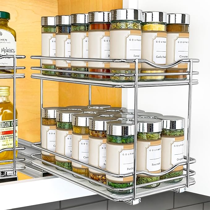 LYNK PROFESSIONAL® Pull Out Spice Organization for Cabinets - 6-3/8 inch Wide – Spice Rack for Inside Cabinets, Slide Out Spice Rack Organizer for cabinet – Pull Out Spice Rack, Sliding 2 Tier Chrome