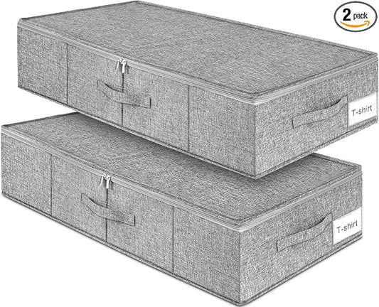 punemi 6.7 in Tall Sturdy Under Bed Storage Container with Lid, 2Pack, Gray | Stackable Clothes Storage Bag with rigid side and bottom , for Blankets, Bedding& Shoes, Closet,Dorm & Bedroom Organization