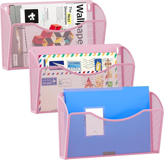 EasyPAG Wall File Organizer 3 Pack, Hanging File Organizer Wall Mount, Metal Mesh Folder Holder for Letter/A4 Papers, Mail Sorter for Office, Classroom, Home, Pink
