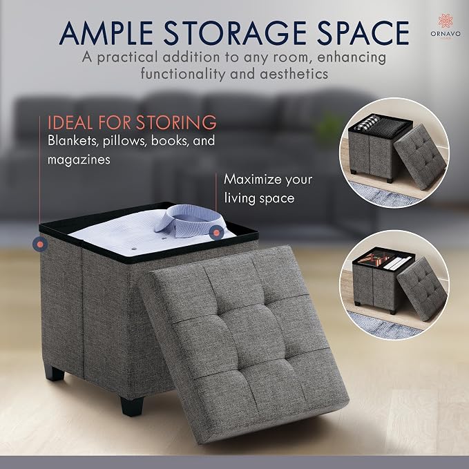 Ornavo Home Square Cube Storage Ottoman with Legs, 15x15x15, Dark Gray | Foot Rest Stool Seat; Holds Up to 600 lbs; Ideal for Living Room, Bedroom, Home Office or Dorm