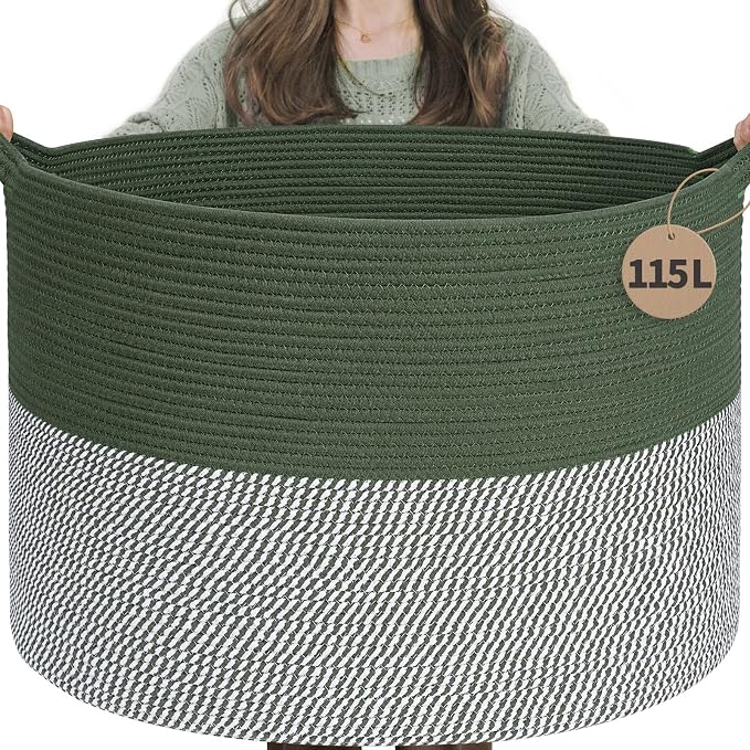 INDRESSME 115L Extra Large Woven Rope Blanket Basket Living Room Green | 23.6" x 15.7" Storage baskets for toys laundry & pillows. Fits living room, bedroom or nursery décor. Soft-touch with handles