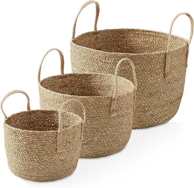 Casafield Set of 3 Braided Seagrass Baskets with Jute Handles - Natural, Woven Storage Basket Planters, Boho Decor for Entryway, Living Room, Bedroom