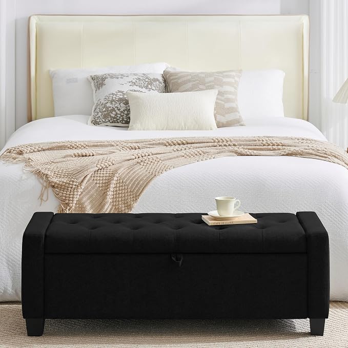 Huatean Home 43" Ottoman with Storage, Black Storage Ottoman Bench | Upholstered Entryway Bench with Seating for Bedroom, Living Room with Safety Hinge, Holds up to 330 lb