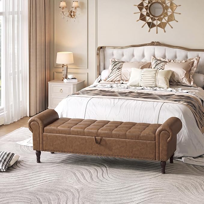 YOUDENOVA 60" Entryway Bench with Storage, PU Leather End of Bed Bench with Tufted Button, Upholstered Ottoman Bench with Rolled Arms for Living Room, Storage Room, Bedroom, Brown
