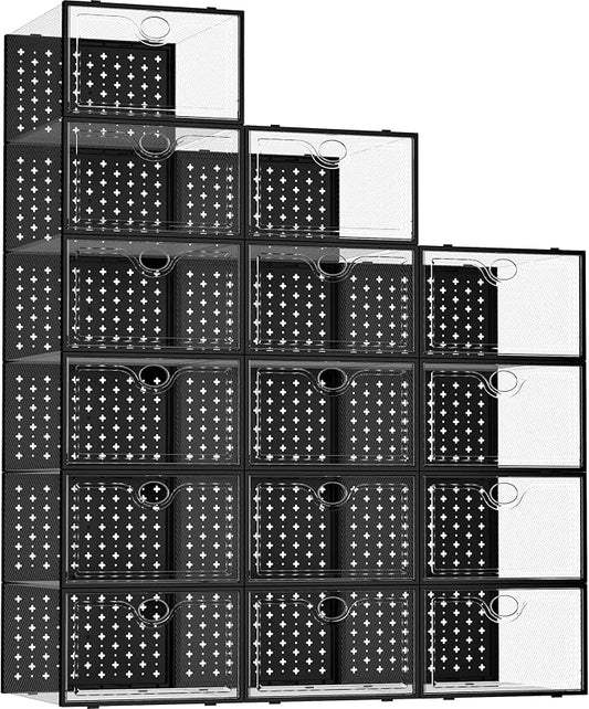 15 Pack X-Large Shoe Storage Boxes, Shoe Organizer Clear Stackable | Fit US Size 11, 6.2” Height, Shoe Dispaly Case Holder Bins Sneaker Storage for Sneakerheads, For Home and Family, Black