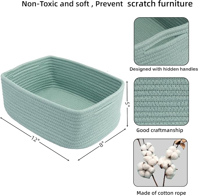 XUANGUO Small Woven Storage Baskets for Shelves, 12" x 8" x 5", Green | Decorative rope storage bins for closets and toy storage; cute organizer baskets, empty gift baskets and nursery storage.