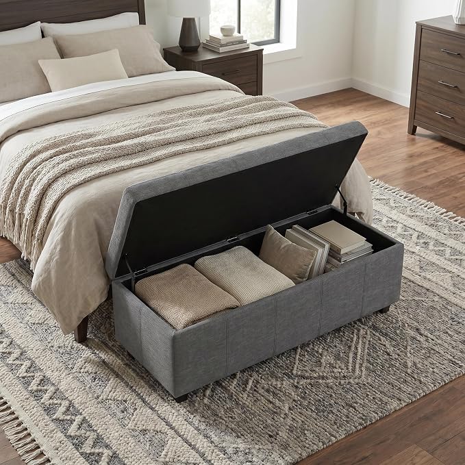 SIMPLIHOME Avalon Storage Ottoman Bench - 48" Wide x 16" High Upholstered Linen Look Fabric Rectangular Lift-Top Ottoman in Slate Grey, Contemporary Bench for Living Room with High-Density Foam