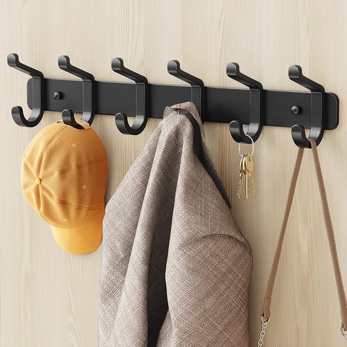 pickpiff Coat Rack Wall Mounted Heavy-Duty: Metal Coat Hanger 6 Hooks for Hanging Hat, Clothes, Robe, Keys, Backpack, Bathroom Towels, Jacket, Purse - Closet, Door, Entryway, Mudroom (Black, 1 Pack)