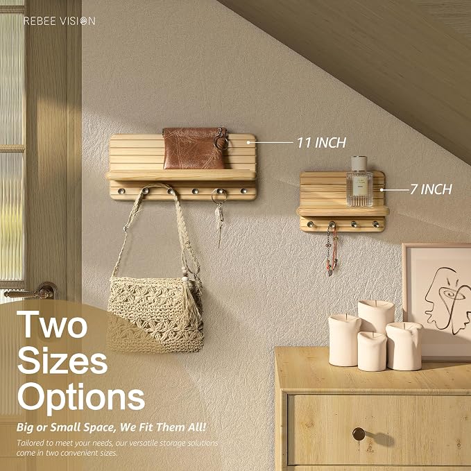 Rebee Vision Key Holder Wall Mount with Shelf for Entryway, Natural Wood | Pine Wood, 6 Sturdy Hooks, Key Holder for Wall, Chic Functional Storage, Decorative Home Accent, Space-Saving Design