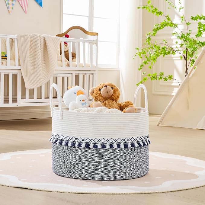 KAKAMAY Large Blanket Basket with Handles, Storage Basket for Living Room | Extra Large Capacity | Natural Cotton Rope | Blanket Storage | Woven Storage Basket | Stuffed Animal Storage | Laundry Basket
