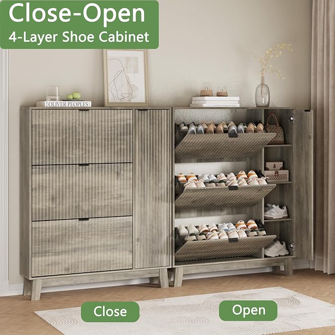 Xixini Shoe Cabinet with 3 Flip Drawers, 54" Tall Narrow Fluted Shoe Storage Organizer for Entryway, Hidden Wooden Shoe Rack with Adjustable Side Cabinet for Front Door Entrance, Hallway, Light Grey