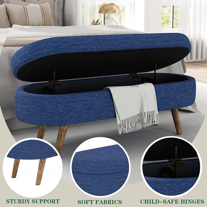 43.5" Ottoman with Storage, Storage Ottoman Bench with Safety Hinge, Foam End of Bed Bench, Upholstered Entryway Bench for Bedroom, Living Room & Window, Holds up to 330 lb, Blue