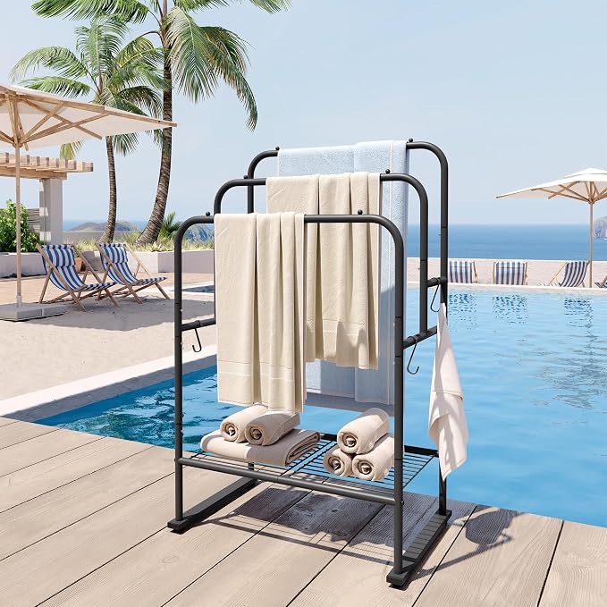 ELYKEN 3 Tier Freestanding Towel Rack with Shelf, 40" H Towel Stand, Black | Metal Drying Rack for Oversized Bath Towels & Blankets, 4 Hooks, Indoor & Outdoor Use, Fits Bathroom, Tub, Shower, Poolside
