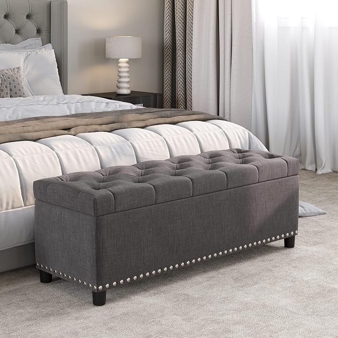 BELLEZE Storage Ottoman, Tufted Ottoman with Close Hinge, Foot Rest for Living Room (Dark Gray, 47 inch)