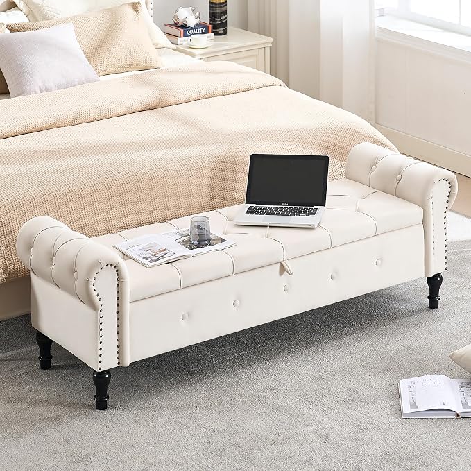 Storage Bench 67" Velvet End of Bed Benches Cream Beige | King Size Storage Bench for Bedroom with Rolled Arms Tufted Ottoman Benches Upholstered Bench for Living Room Entryway