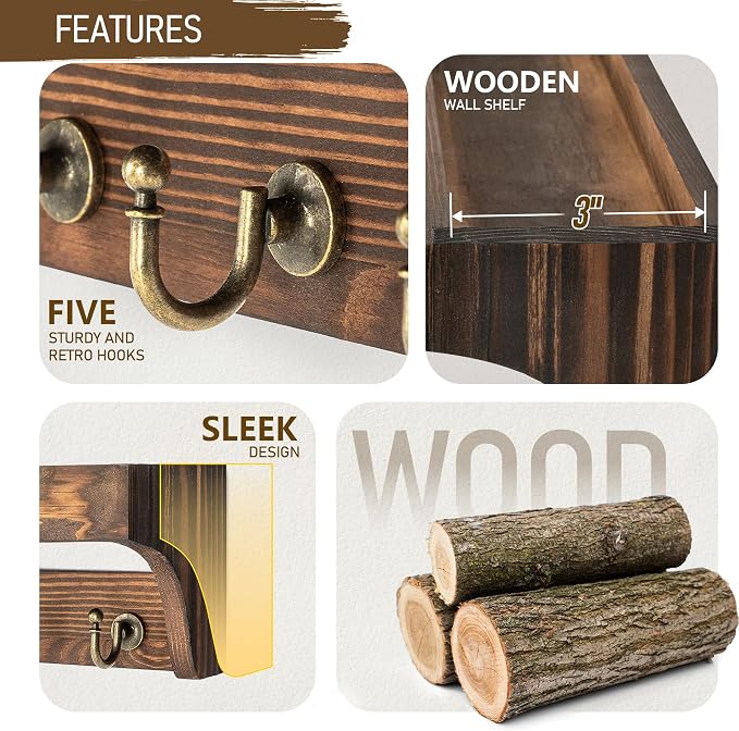 Rebee Vision Key Holder Wall Mount with Shelf for Home Office,Vintage Brown | Pine Wood, 5 Key Hooks for Hats, Farmhouse Organizer, Key Holder for Wall, Practical Storage for Daily Use