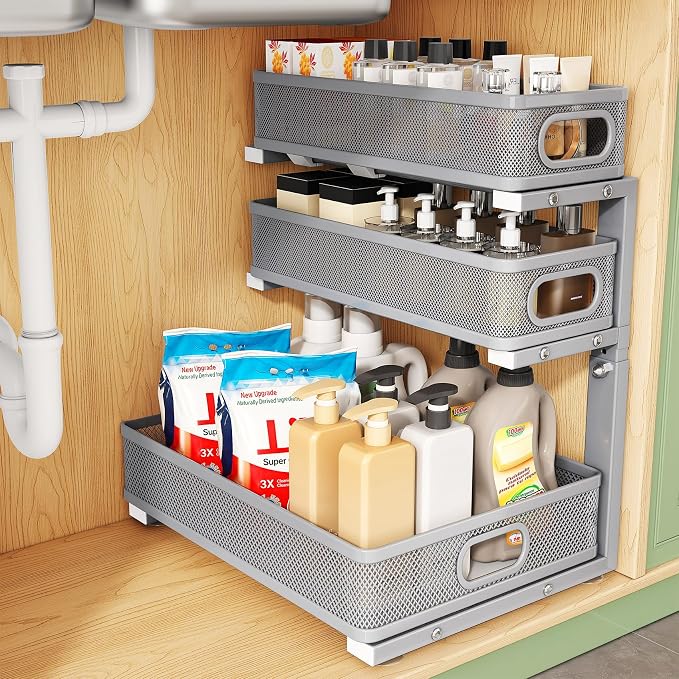 Kitstorack Under Sink Organizer, 1-Pack 3-Tier Height Adjustable Thickened Metal Pull out Cabinet Organizer Shelf, Slide out Storage Drawer Rack for Bathroom Kitchen Pantry Home Organization, Grey