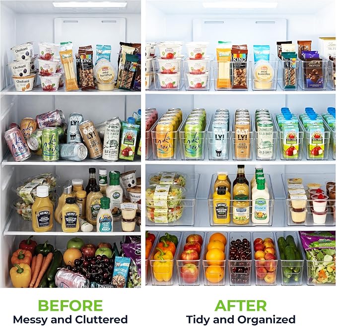 Zulay 4 Pack Clear Refrigerator Organizer Bins - Narrow Fridge Organizers and Storage Clear - Ideal Freezer Organizer Bins, Refrigerator Storage Containers, Kitchen Cabinets, Pantry Organization