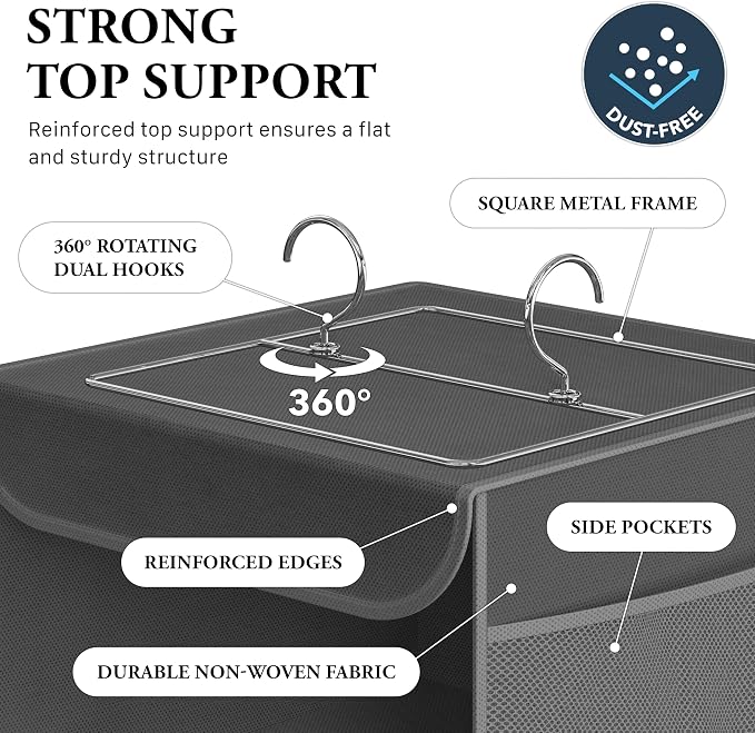Simple Houseware 6 Shelf Hanging Closet Organizer, Dark Gray | 360° Rotating Dual Hooks, Top Support Metal Frame, 6 Side Mesh Pockets
