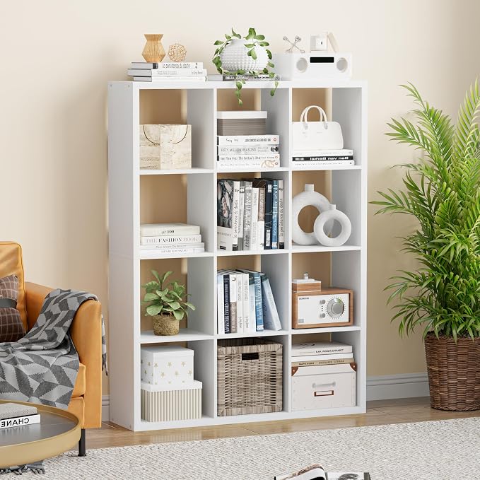 VDNEND Cube Storage Organizer Bookcase, Decorative 11 inch Open Back Cubical Shelf with Thickened Border, Display Bookshelf for Living Room, Home Office, Sturdy Room (White, 12 Cube)