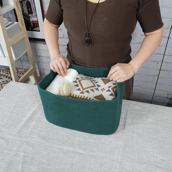 XUANGUO Woven Cotton Rope Storage Baskets 15x10x9.3" 3 Pack Dark Green | Decorative rectangular storage baskets for shelves and closets; storage bins organize clothes, toys, books and nursery items.