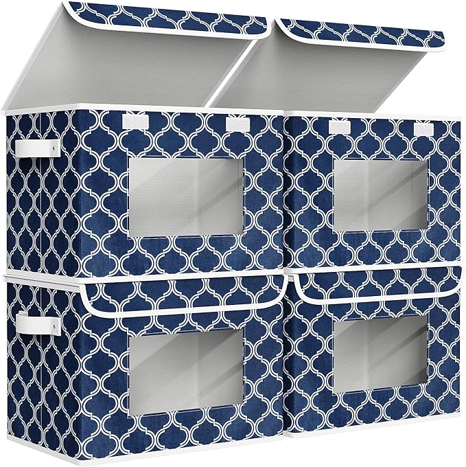 Univivi Fabric Foldable Storage Boxes with Lids, 4 Pack, Blue Lantern | 17 x 12 x 12 In Large Stackable Storage Bins with Lids, Closet Organizers and Storage Cube Basket for Home, Office, Bedroom