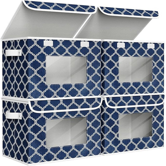 Univivi Fabric Foldable Storage Boxes with Lids, 4 Pack, Blue Lantern | 17 x 12 x 12 In Large Stackable Storage Bins with Lids, Closet Organizers and Storage Cube Basket for Home, Office, Bedroom