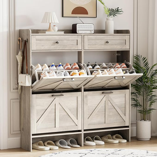 Shoe Cabinet with 4 Flip Drawers & 2 Top Drawers, 43" Tall Freestanding Narrow Wooden Shoe Storage Organizer for Entryway, Hidden Slim Shoe Rack for Front Door Entrance, Hallway, Living Room, Grey
