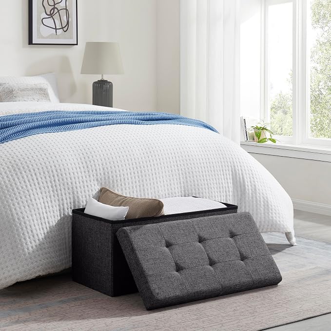 Ornavo Home 30 Inch Folding Storage Ottoman Bench, Tufted Linen, Dark Gray | Upholstered Large Ottoman with Lid; Foot Rest Stool; Ideal for Bedroom, Living Room or Entryway