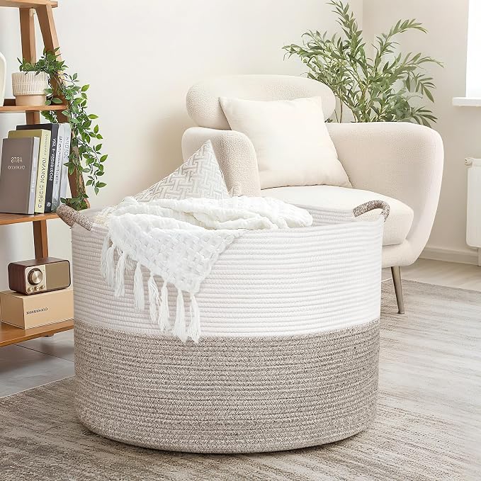 XXXXL 125L Extra Large Blanket Basket, 24.8" x 16" Jumbo Woven Basket (Includes 2 Cute Baskets), Cotton Rope Basket with Handle for Living Room, Baby Toys Nursery, Laundry (White/Gradient Brown)