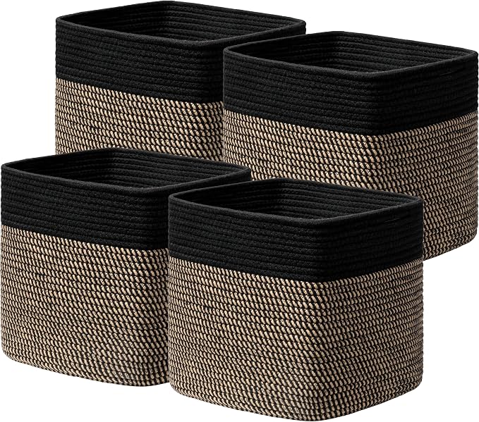 joybest 11inch Cube Storage Bins, Cotton Rope Woven Organizer Basket | Set of 4 Cube Bin Square Shelves Organizer Closet Storage, Nursery, Toy Organization, Black&Dark Brown