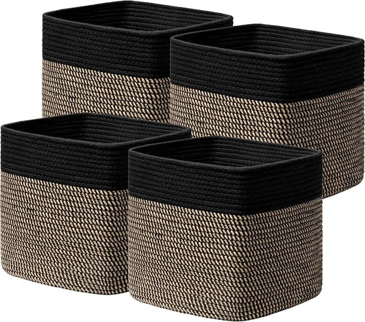 joybest 11inch Cube Storage Bins, Cotton Rope Woven Organizer Basket | Set of 4 Cube Bin Square Shelves Organizer Closet Storage, Nursery, Toy Organization, Black&Dark Brown