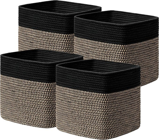 joybest 13inch Cube Storage Bins, Cotton Rope Woven Organizer Basket | Set of 4 Cube Bin Square Shelves Organizer Closet Storage, Nursery, Toy Organization, Black&Dark Brown