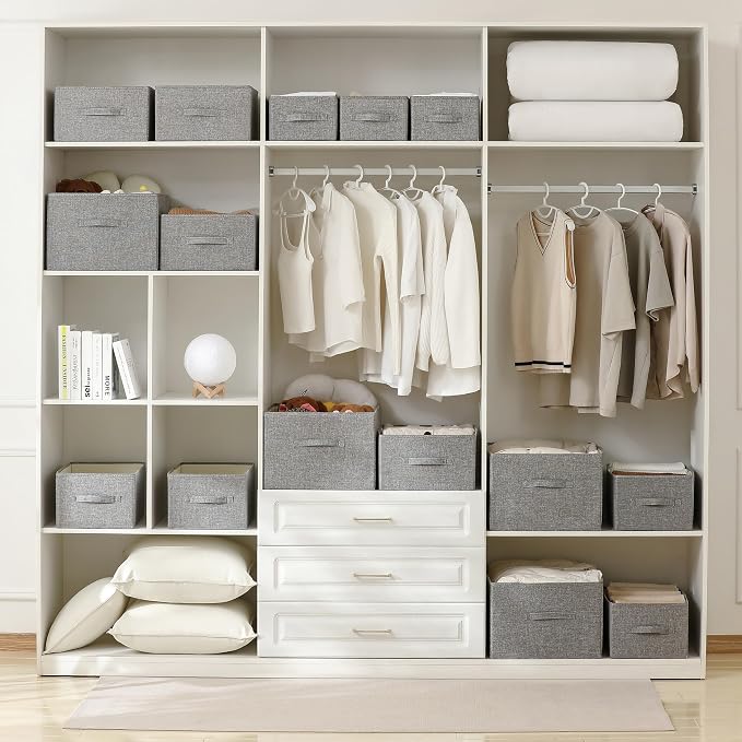 Linen Folding Storage Bins, 3 Pack Large Storage Baskets, Washable, Clothing Storage Bins with Handle, Closet Organizer for Storage Sweater,Sheets(dark grey, 16"x9½"x6¾")