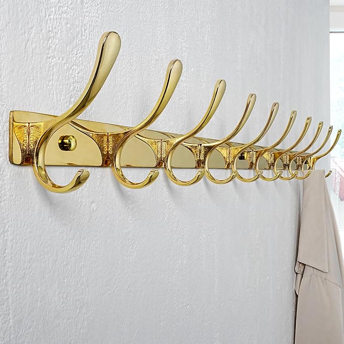 SKOLOO Wall Mounted Coat Rack - 10 Hooks, Heavy Duty, Stainless Steel, Metal Wall Hangers, Sturdy Coat Hooks for Hanging Coats, Jacket, Clothes, Hat, Bright Gold