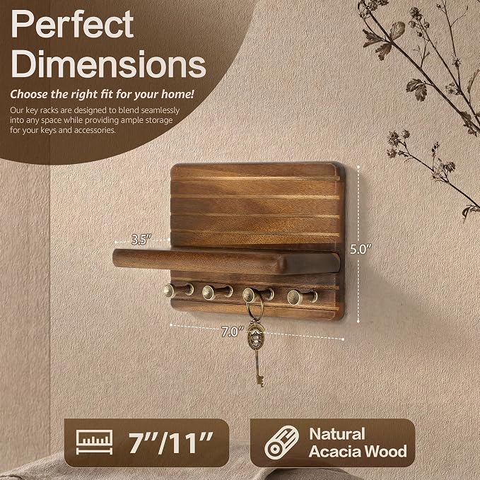 Rebee Vision Acacia Wood Key Holder Wall Mount with Shelf, Key Hooks, Brown | Small Key Holder, 4 Key Hooks, Floating Shelf, Mail Organizer, Compact Storage, Practical Daily Use, Apartment Essential