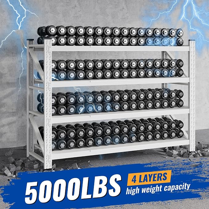 BYNSOE 60" W Storage Shelves 5000lbs Garage Metal Shelving Heavy Duty Garage Shelves Adjustable Storage Shelves for Industrial, Factory, (White, 60" W X 24" D X 70" H)